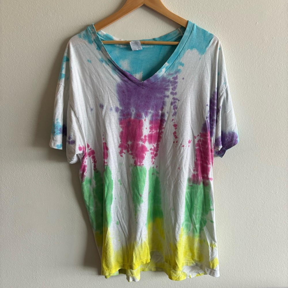 Hand Multicolor Tie-Dye V-Neck Tee T-Shirt Art to Wear Unique XL